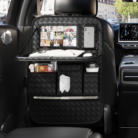 GMQ Leather Car Seat Back Organizer 1 Pack, Car Backseat Organizer with Tray,Car Seat Organizer with Foldable Tablet Holder (Black, Weave)