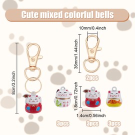 WEBEEDY 9 PCS Lucky Cat Collar Bells 3 Styles Pet Collar Bells Charm with Key Rings Brass Fortune Cat Collars Charms Loud Sound Small Animal Pendant for DIY Bag Keychain Home Decoration Supplies