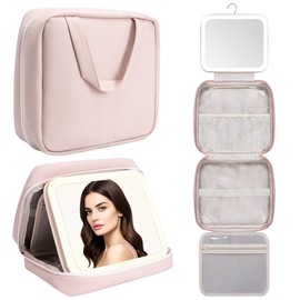 Glint&Glide Travel Makeup Bag with LED Lighted Detachable Mirror, Tri-light Dimmable - Hanging Multi-Compartment Organizer for Women, Portable Cosmetic Case with Four Divided Storage, Pink