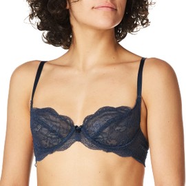 Undies.com Women's Microfiber Lace Unlined Underwire Balconette Bra, Black Iris, 36B