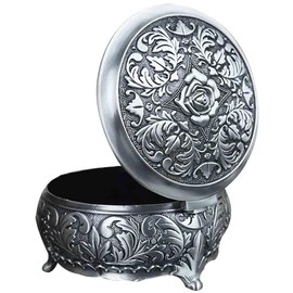 Infinite U Luxury Small Round Shape Rose Engraving Women/Girls Metal Trinket Jewellery Box Antique Silver