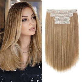NTYNTY Hair Extensions, 14" Short Clip in Hair Extensions 4PCS Straight Brown Hair Extensions Natural Soft Synthetic Hairpiece for Women - Light Brown with Highlights
