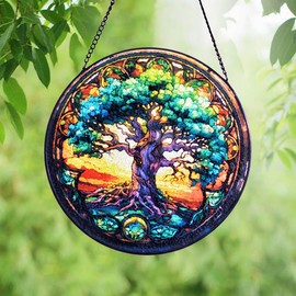 Tree of Life Stained Glass Window Hanging, Round Nature Art Wall Decor Suncatchers for Windows, Gifts for Women, Grandma, Housewarming | Vibrant Colors, Indoor/Outdoor Décor (Color-3)