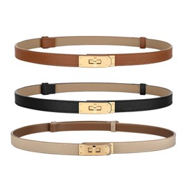 CUBETA 3pcs women's skinny leather belt with adjustable silver-tone turn-lock buckle - ideal for dresses, jeans and coats
