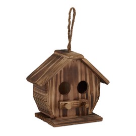 Relaxdays Decorative Bird House, Burnt Wood, Hanging Bird House for Outdoors, HBD: 28.5 x 19 x 10.5 cm, Natural