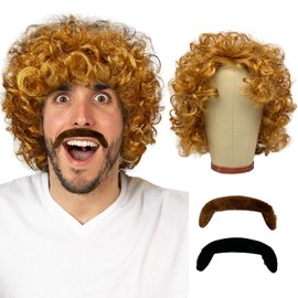 UILYNIU 3 Pieces Blonde Curly Wig with Moustache, Wig for Men Hair Accessory Fancy Dress, Mens Afro Curly Wig, 70s 80s Hippy Rock Wigs for Costume Party