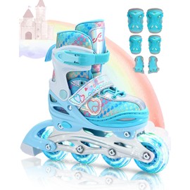 Inline Skates, Sportneer 4 Size Adjustable Inline Roller Skates with Illuminating Light Up Wheels Roller Blades Protective Gear Set for Girls Women Beginner (Blue, 2-5)