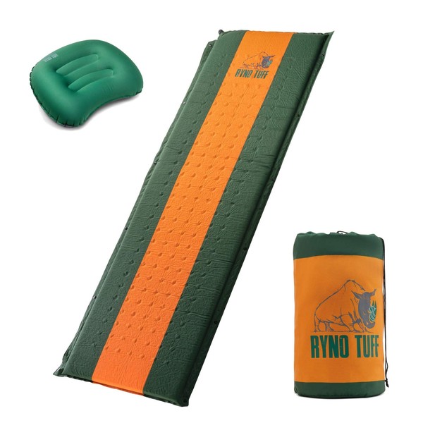 Ryno Tuff Sleeping Pad Set, Self Inflating Sleeping Pad with Free Bonus Camping Pillow, The Foam Camping Mattress is Large, Comfortable and Well Insulated, Yet Compact When Folded