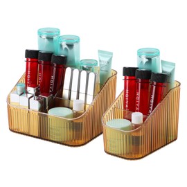 OSteed - Organizador de maquillaje de color ámbar, soporte para brochas de maquillaje, 8 tazas para cambiador, organizador de encimera de baño, organizador de cambiador para exhibiciones de