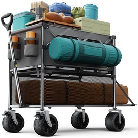everyfun Pro Collapsible Wagon Double Decker,Wagons Carts Foldable,Heavy Duty Wagon Camping Sports Garden Grocery,Utility Wagon for All Terrain Grey