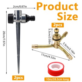 2 Stück 360 Grad Gartenregner aus Messing mit 3-Armigem Rotationskopf, Erdspieß und Dichtband, Automatischer Rasensprenger, Bewässerung Sprinkler für Garten und Terrasse (Gold und Silber)