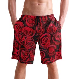 visesunny Red Rose Floral Men Beach Shorts Hot Summer Swim Trunks Sports Swimming Bathing Suits with Mesh Lining