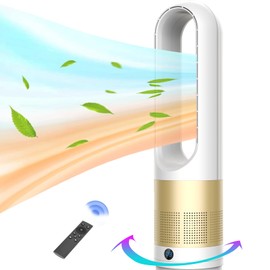 Bladeless Heater and Fan Combo, 1400 Watt Heater Fan and 40 Watt Cold Fan, 80° Oscillating Fan, All the Season Use, Remote and Touch Control, Floor Tower fan, Office Room, Bedroom, Silver Gold