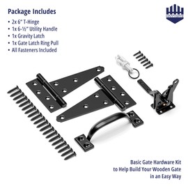 HAPPYGATE Fence Gate Hardware Kit, Heavy Duty Gate Kit for Wooden Fence with Self Locking Gate Latch, 6in T-Strap Gate Hinges, Door Pull Handle, Gate Hinges and Latch Set for Wooden Vinyl Fence