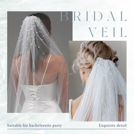 YAEISM - Velo largo de despedida de soltera, velo de catedral de perlas blancas, peine de metal, elegante velo de novia, velo de novia, velo de despedida de soltera, para mujeres y bodas, Marfil