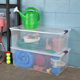 Sterilite 17641704 110 Quart/104 Liter ClearView Latch Box, Clear with Sweet Plum Latches, 4-Pack