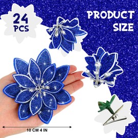 Lyrow 24 Pieces Christmas Glitter Poinsettia Artificial Flower with Clips 4 Inch Xmas Flowers Decoration Christmas Tree Wreaths Garland Decor for Holiday Party Ornaments (Royal Blue)