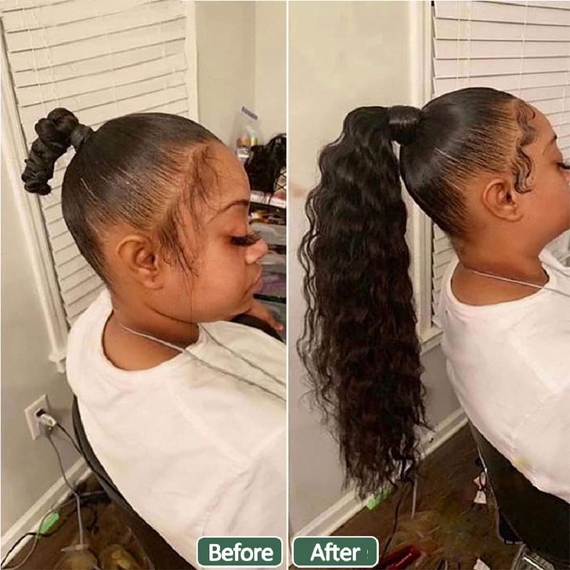 Water Wave Ponytail Extensions Human Hair Magic Paste Curly Wave