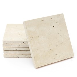YONGHEE Square Travertine Coasters Set of 6, Porous Natural Stone Absorbent Coaster with Velvet Backing for Table Protection, Rustic Beige Marble Coasters for Home Table Decor, 4 Inches