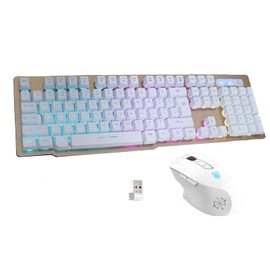 MK500 Wireless Keyboard and Mouse Combo, Ergonomic Full Size Antighosting Multimedia Keys with Optical Backlit Mice, 2.4G Rechargeable RGB Gaming Office Set for PC Laptop Computer Desktop (White)