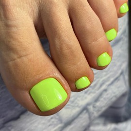 Solid Color Neon Green Press on Toenails for Women, Glossy Fake Toenail Press ons Short Square Acrylic Press on Toe Nails, Reusable Toenails Glue on Natural Seamless Fit, 24Pcs Glue Toenails