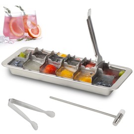 KAYCROWN 18/8 Stainless Steel Ice Cube Tray, 18 Slot Metal Ice Cube Tray with Easy Release Handle for Making Various Large Ice Cubes, Removable Slots for Easy Ice Cube Removal (Tweezers & Hammer)