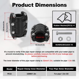 XDENGP Pipe Repair Clamp 1-1/4 inch, Water Pipe Leak Repair Clamp, Pipe Repair Kit for Plastic and Metal Pipes, Leak Stopper with Anti-Impact, Suitable for Pipes 32MM OD