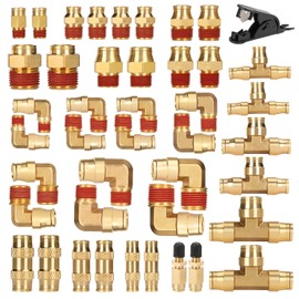 ROADGIVE 43PCS Brass Air Brake Line Fittings (1/4" 3/8" 1/2"), Push-to-Connect Fittings with NPT Thread, Air Hose Fittings Assortment Kits with Tube Cutter for Truck or Industrial Air System