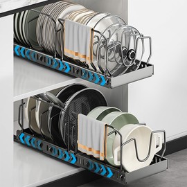 Xonusin 2 Pack Pots and Pans Organizer Under Cabinet with 10 Adjustable Dividers & Handle Bracket, Expandable Pull Out Cabinet Organizer for Kitchen, Slide Out Pot and Pan Holder Storage