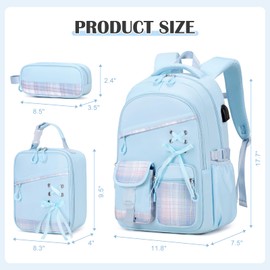 DIGOBAY Backpack for Girls - 3PCS Girls Backpack with Lunch Box & Pencil Pouch Plaid School Backpacks for Elementary Middle High College School Bookbag for Teen Girl Kids Students Blue