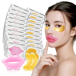 20 Pcs Collagen Gold Eye Mask & Pink Lip Mask Set–Hydrating Under Eye Patches & Lip Masks for Puffy Eyes,Dark Circles & Dry Lips–Skincare Gift Set for Women