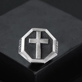 PYTALI Cross Signet Mens Ring，S925 Sterling Silver Unique Faith Christian Ring Vintage Religious Cross Ring Silver Catholic Jewelry Gifts for Men Dad Boy Husband, Stone Sterling Silver, No Gemstone