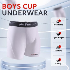 FLYBULL 2-Pack Boys Cup Underwear Youth Boxer Briefs with 1 Soft Protective Athletic Cup for Baseball, Football, Lacrosse Black/White