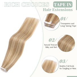 Rich Choices Tape in Hair Extensions Human Hair, 40pcs 100g 100% Remy Tape Hair Extensions Real Human Hair,Seamless Tape in Hair Extension 18 Inch #12P613 Golden Brown Highlighted Bleach Blonde