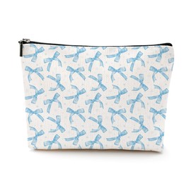 LONGXIN Coquette Makeup Bag Trendy Teen Girls Gifts Blue Bow Pouch Bag Gift for Women Aesthetic Cosmetic Bag Preppy Stuff Trendy Preppy Makeup Bag Funky Zipper Travel Toiletry Bag