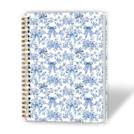 XUNLURY Fancy Coquette Navy Blue Bow Spiral Notebook 5.5x8.3 Inch, Chinoiserie Floral Notebooks for Note Taking, Trendy Preppy Journal for Writing, Girly Aesthetic Journal Journaling