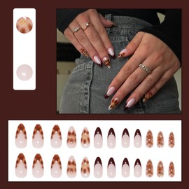24 Pcs Brown Press on Nails Short Almond French Tip - YIHONGYAN Spring Fake Nails Press ons Nail Tips Acrylic Nail Art Kit Glue on Nails Full Cover Leopard with Gold Rhinestones for Women Manicure Kit