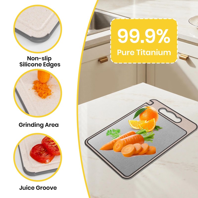 2-IN-1 Titanium Cutting Board for Kitchen Pure Titanium and Wheat