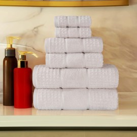 Superior Cotton 6-Piece Towel Set, Zero Twist, Waffle Border, Bathroom Essentials, Shower, Spa, Luxury Plush Soft Absorbent Towels, Includes 2 Bath, 2 Hand, 2 Washcloth/Face Towels, Stone Grey