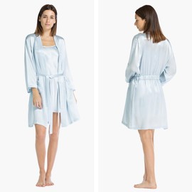 Fishers Finery Women's 100% Pure Mulberry Silk Mid-Length Robe with Pockets, Light Blue, Small