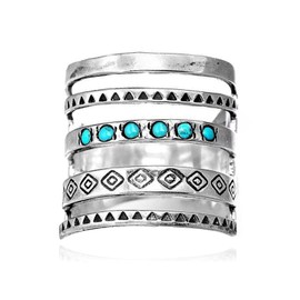 Turquoise Rings for Women Boho Turquoise Jewelry Bohemian Statement Ocean Wave Rings Stackable Western Joint Knuckle Rings Natural Gemstone Rings Silver Vintage Thumb Rings Western Outfit for Women (Size 6)