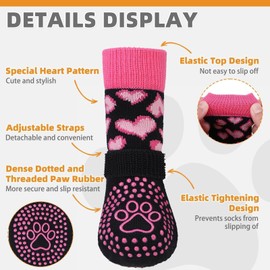 KOOLTAIL KOOLTAIL Anti Slip Dog Socks for Hot/Cold Pavement to Prevent Licking Paws,Dog Boots&Paw Protector with Grippers for Hardwood Floors,Pink Heart Valentine's Socks Booties for Small Medium Large Dogs SM