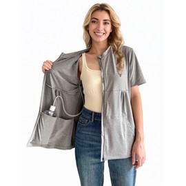 RAGEMALL Post Mastectomy Shirts with Drain Pockets Surgery Recovery Must Haves Clothing Comfy Front Zip Up Short Sleeve Tops Grey XL