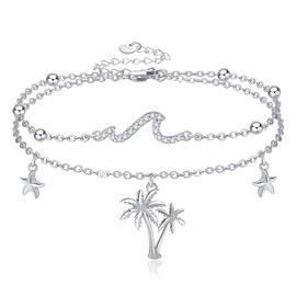 CUPENDA Wave Anklet for Women Sterling Silver Palm Tree Starfish Layered Ocean Beach Jewelry
