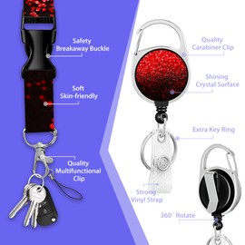 Lanyards for Id Badges,Christmas Red Black Glitter Id Badge Holder Heavy Duty and Retractable Keychain,Retro Badge Reel with Carabiner Clip,Women Student Doctor Office Gifts