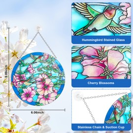 Blue Larger Size Hummingbird Suncatcher - 8.6’’ Stained Glass Window Hangings - Colorful Flower Suncatchers for Windows, Stained Glass Birds Hummingbird Gifts for Mom (Large)