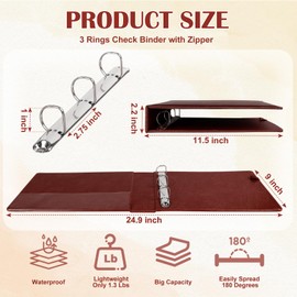 Pu Leather 3 Rings Check Binder for End-Stub Deskbook Checks3 Ring Business Check Binder for 3 on A Page Checks 9" x11 1/4" Check Holders (Light Brown)