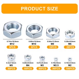 Pack of 430 hexagonal nuts, locking nuts, hexagonal nuts, hexagonal nut set, self-locking stop nuts for screws, washers, threaded rods, M2 M2.5 M3 M4 M5 M6 M8 M10 M12 nuts