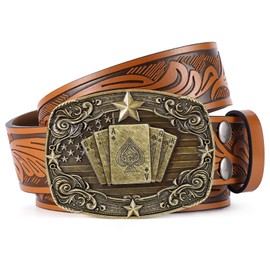 SANSTHS Western Cowboy Belts for Men Women, Mens Western Belt Bull Buckle Country Belt Cowboy Leather Belt for Jeans, Bronze Poker Card/Brown Belt