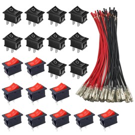 GTIWUNG Pack of 20 Pressure Switches AC 6A/250V 10A/125V, 2-Pin Boat Red & Black Rocker Switch SPST On/Off Toggle Switch, Mini Boat Rocker Switch with 20AWG Wire